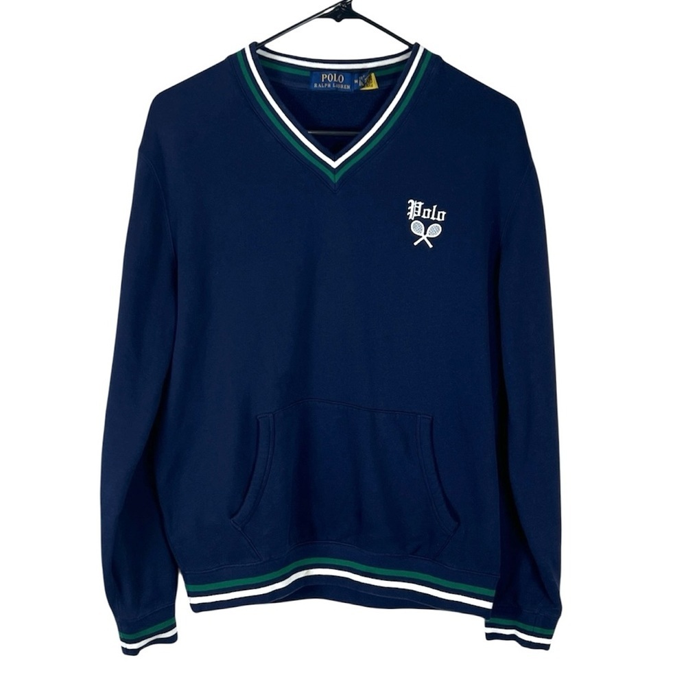 Polo Ralph Lauren striped trim fleece v neck tennis embroidered sweatshirt M